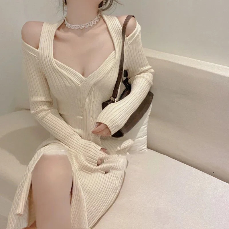 Fanan sexy camisole side split knit dress large deep Vneck high waist bandage shoulder streetwear ultrathin vest 241212