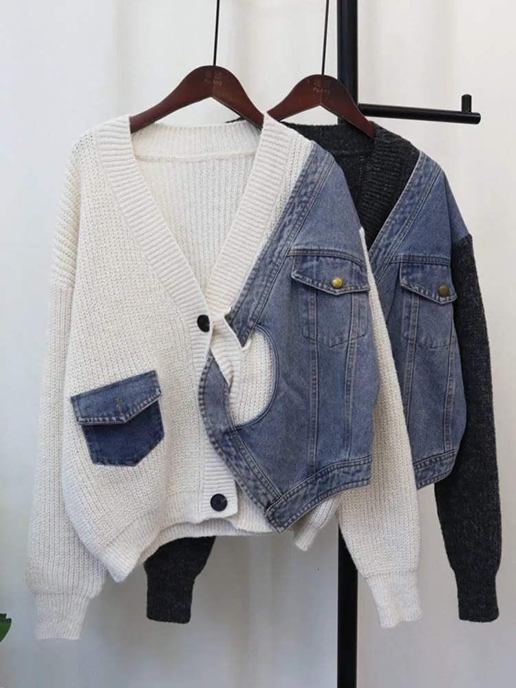 DEAT Spliced Denim Knitted Cardigan For Women Loose Casual Versatile Sweater Jacket Female Trend 2024 Autumn Items 33A2097 241214