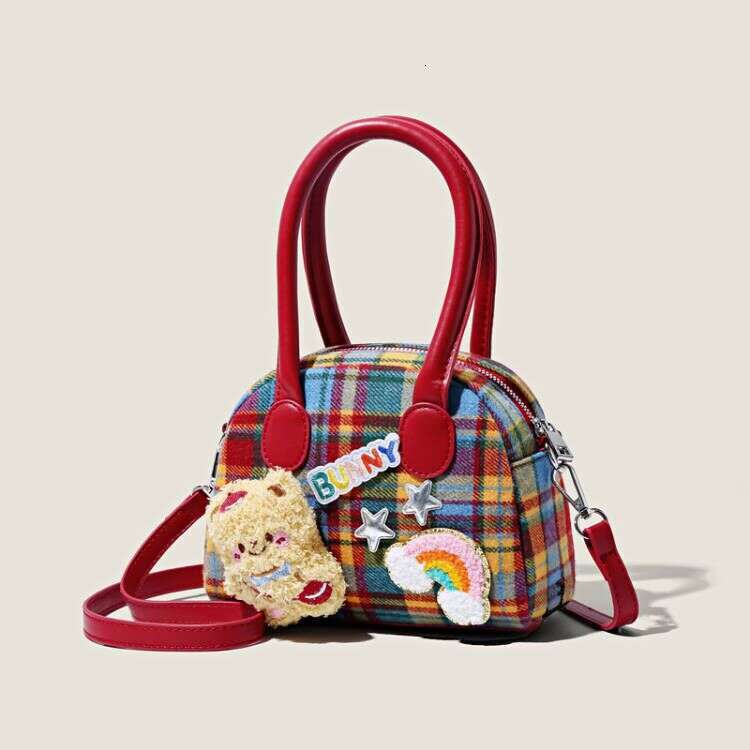 Exquisite plaid ins bag, cute little brown bear, fashionable handbag, high-value commuting wallet, crossbody bag