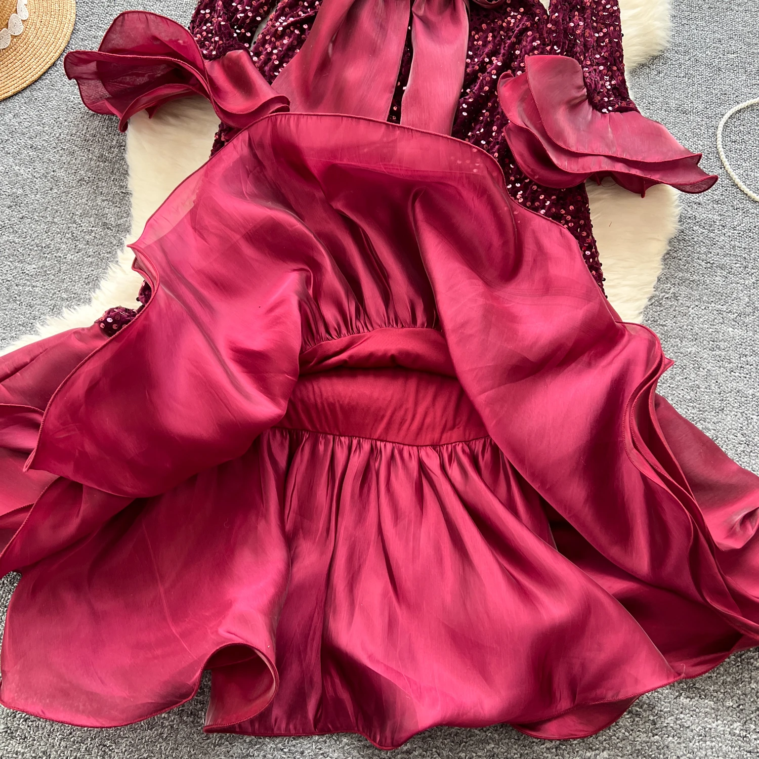 Basic Casual Dresses Bodycon Mesh Patchwork Fishtail Dress Women Long Flare Sleeve Dresses Sequins O Neck Luxury Evening Party Vestidos Dropshipping