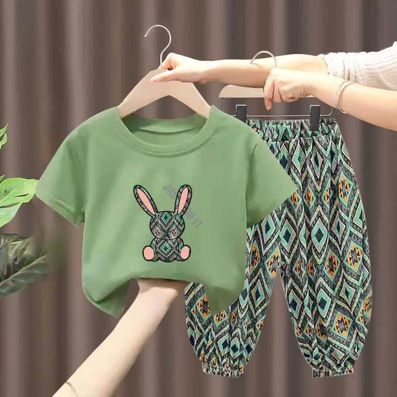Clothing Sets Baby Girls Clothes Set Summer Cartoon Rabbit T-shirts and Plaid Pants Suit Children Short Sleeve Top Bottom 2 Pieces Outfits H241214