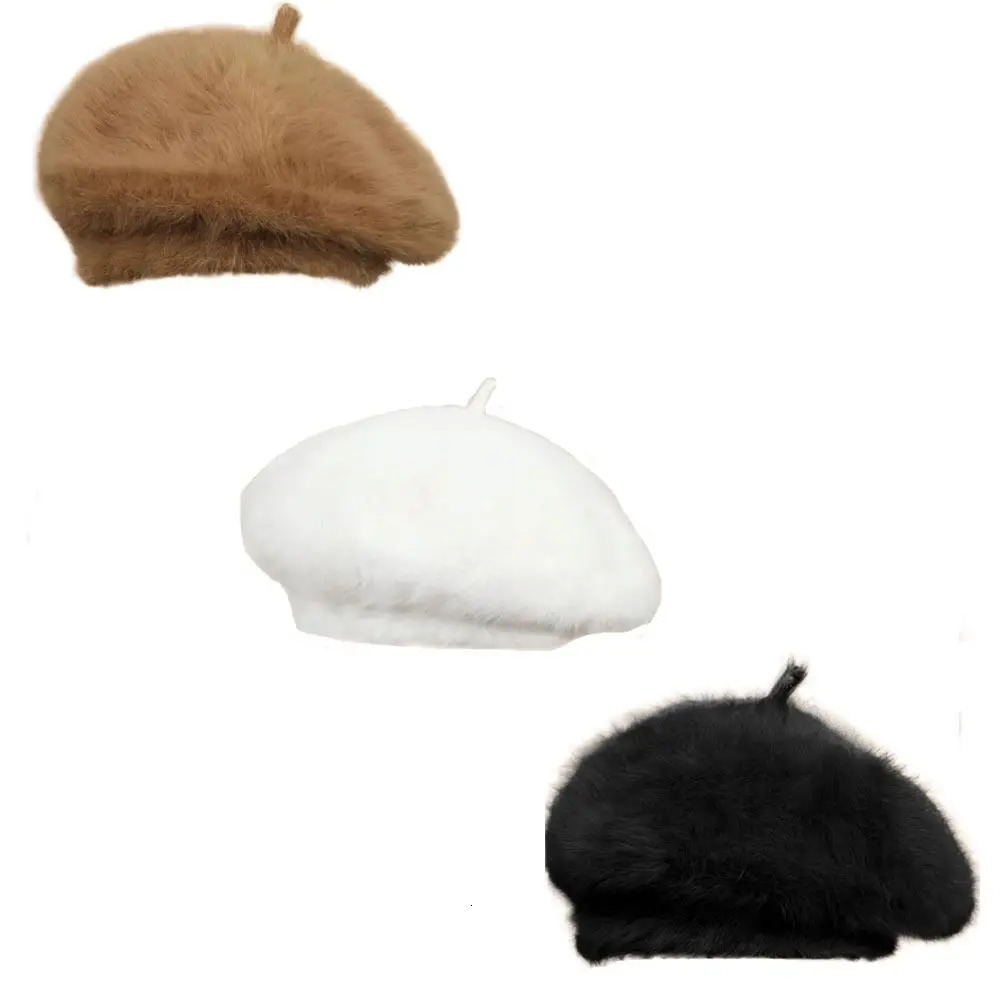 Warm plush beret flat hat solid color thick autumn and winter clothing accessories Panama warm beanie party 241210