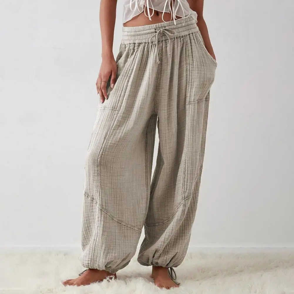 Womens harem pants summer casual retro cotton linen elastic waist wide leg fashionable loose pocket womens Trousers S5XL 241212