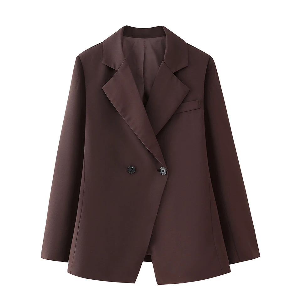 TRAFZA Office Lady Brown Slim Blazer Women V Nwck Long Sleeve Blazers Fashion Autumn Winter Street Pockets Outwears 241209