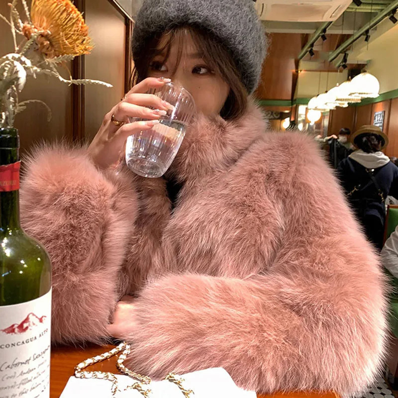 Biyaby Winter Fashion Faux Raccoon Fur Coats Woman High Quali Korean Half Collar Long Sleeve Fluffy Crop Top Women 241211