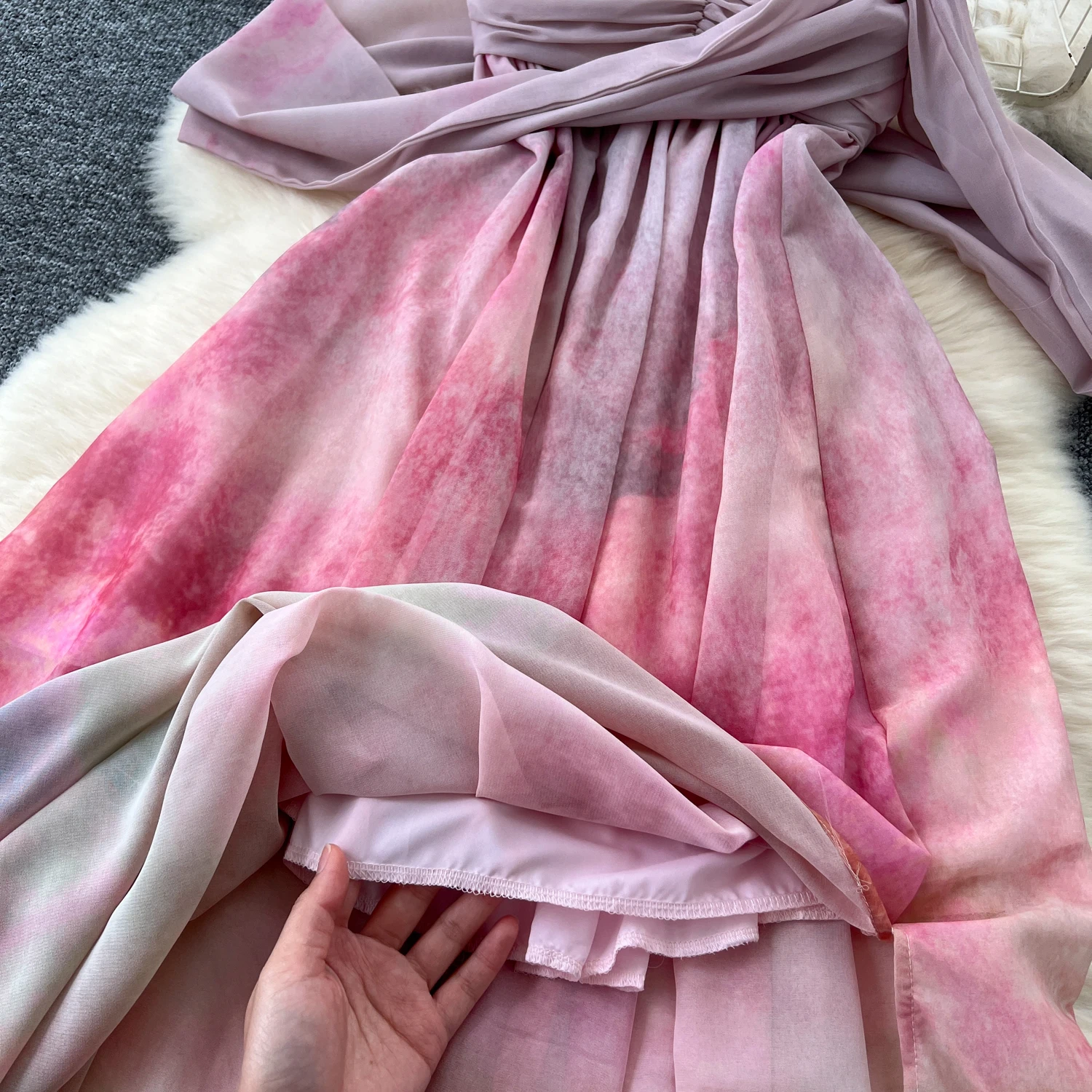 Basic Casual Dresses Holiday Beach Maxi Dress for Women Tie Dye Print Spaghetti Strap Off-shoulder Vestidos De Mujer A-line Chiffon Dresses Dropship 2