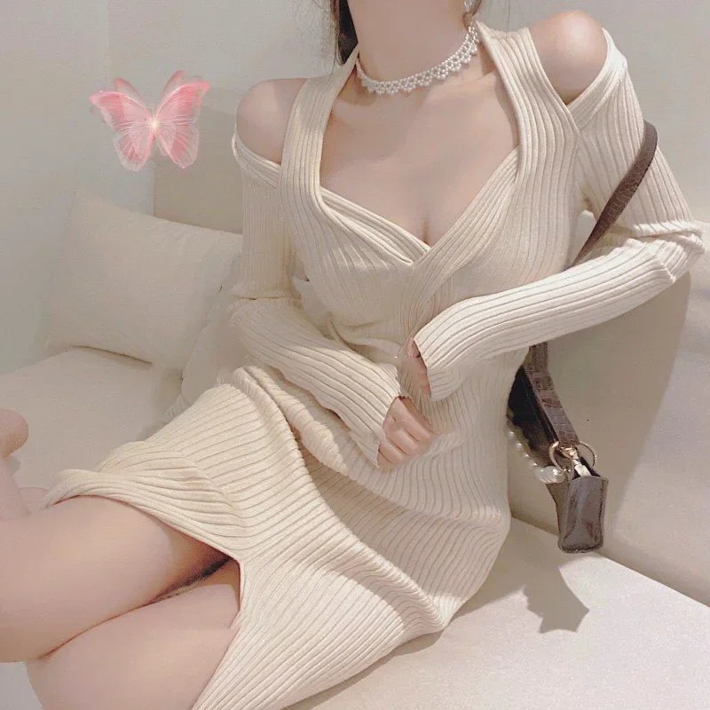 Fanan sexy camisole side split knit dress large deep Vneck high waist bandage shoulder streetwear ultrathin vest 241212