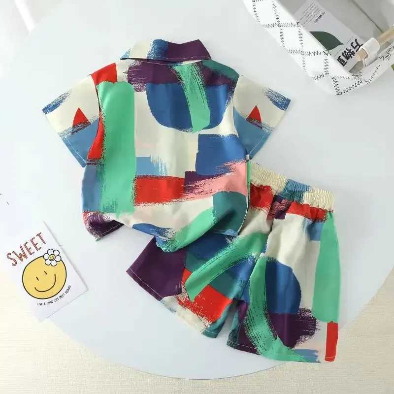 Clothing Sets Summer Kids Clothes Boys Girls Print Lapel Shirt Shorts Suit Watercolor Tie Dyeing Beach Wear Top and Bottom 2 Pieces Set H241214