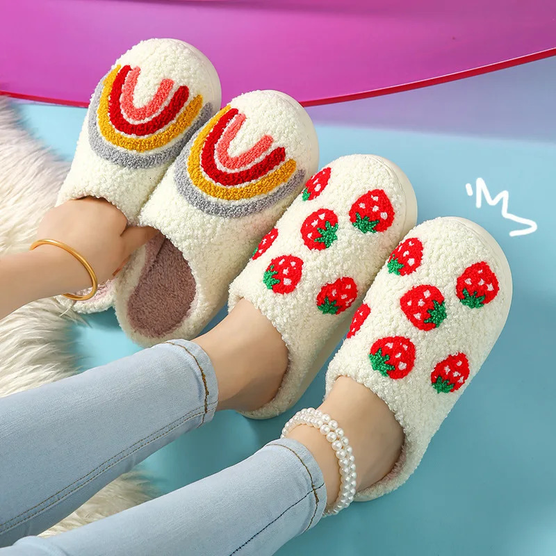 Winter Cotton Slippers Women Home Rainbow Warm Fluffy Slides Indoor House Plush Flip Flops Female Antislip Soft Shoes Wholesale 241214