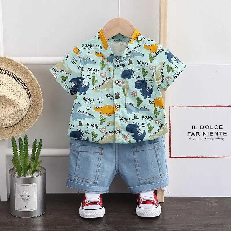 Clothing Sets Children Clothes Spring Cartoon Baby Boy Short Sleeve Printe Dinosaur Causal Shirts Jeans 2Pcs/set Kid Fashion Toddler Tracksuit H241214