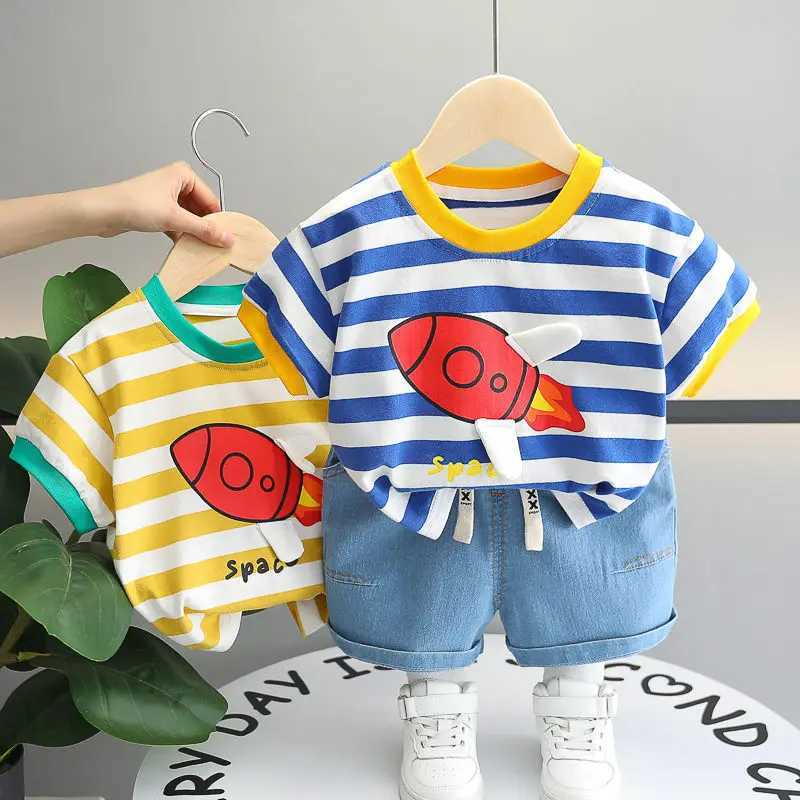 Clothing Sets Kids Boys Girls Summer Clothes Cotton Strips Sports Suit Infant Space T Shirt Shorts Children Clothing Tracksuits Set 0-5 Years H241214