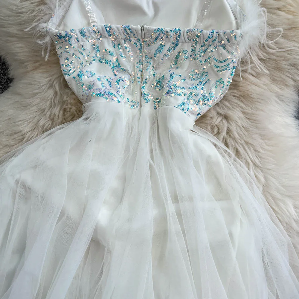 Casual Dresses Summer Dresses Christmas White Dress Women Spaghetti Strap Feathers Birthday Party Princess Vestidos De Noche Juveniles Sequins Dresses