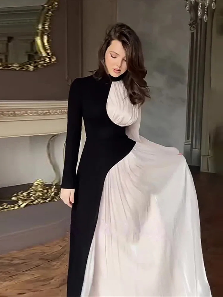 Fashion Contrasting Patchwork Mesh Maxi Dress Elegant Half High Collar Slim Waistband Long Sleeve Robe Lady Street Party Dresses 241212