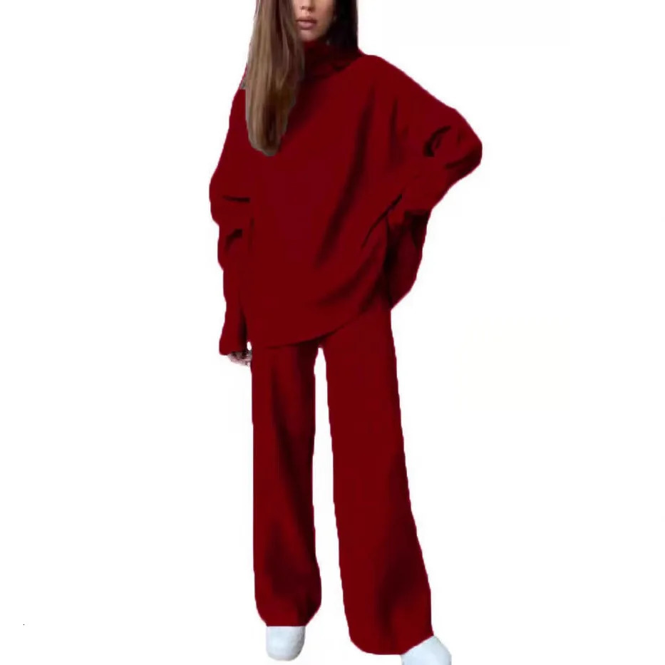 Womens 2 Pieces Knit High Collar Warm Autumn Winter Tracksuit Long Sleeved Top and Pant Suits for Women Elegant Pantsuit 241214