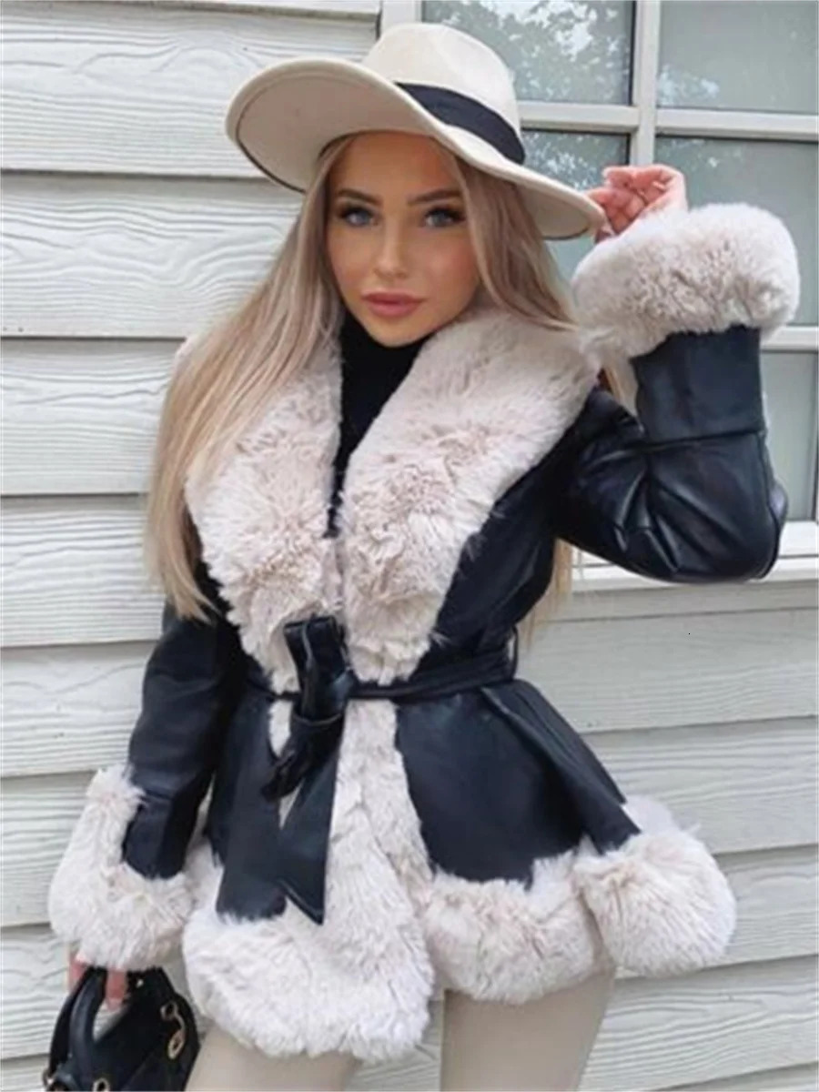 WSEVYPO fur decorative patch work PU leather jacket womens fashion contrasting color plush collar warm cardigan with warm coat 241214