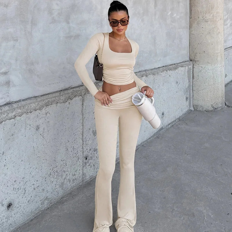 Autumn Women 2 Piece Sets Classic Basic Full Sleeve Uneck Crop Tees High Waist And Slim Pants Female Matching Suits 241209