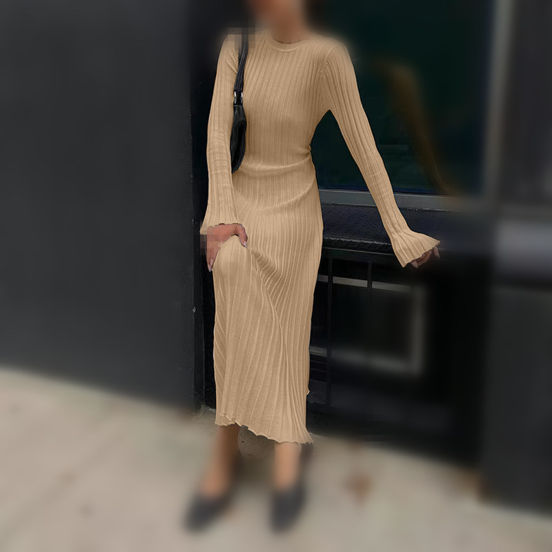 L240 Spring and summer new knitted dress casual waist V-neck ribbed slim knitted long skirt for women
