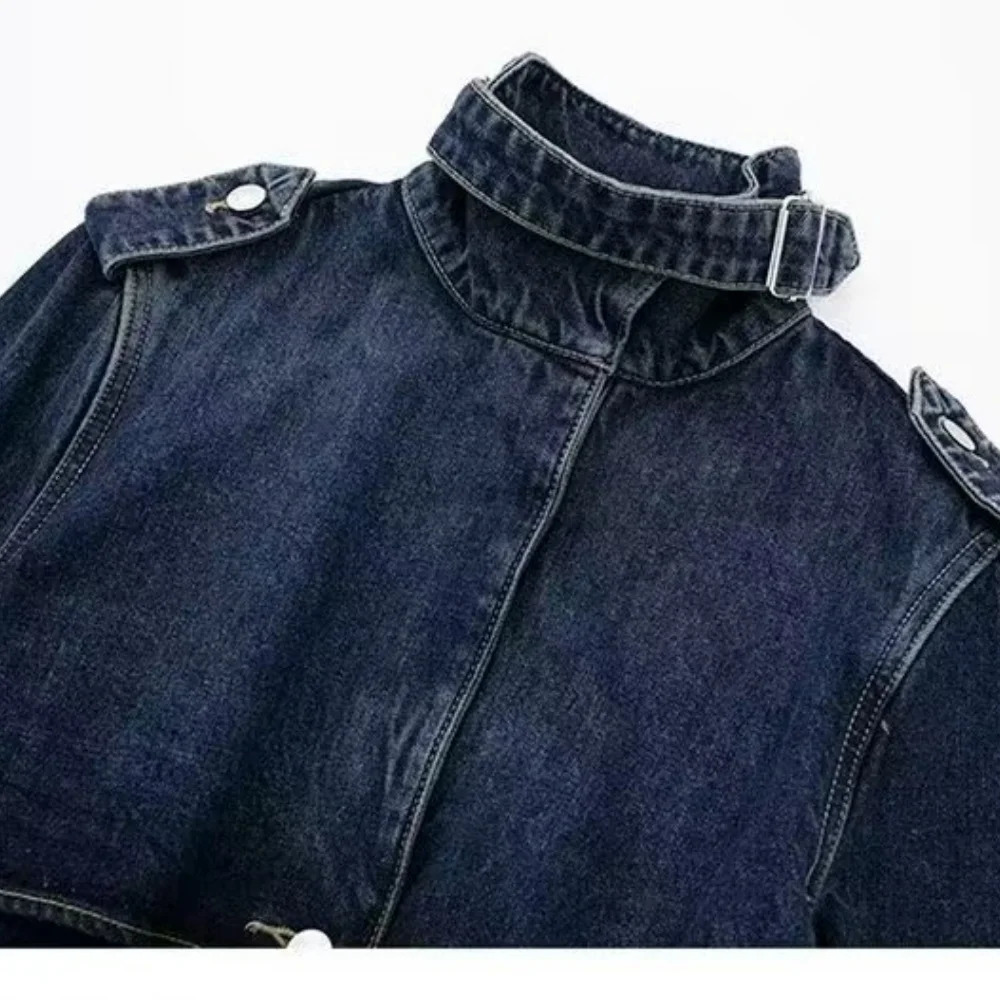Womens fashionable n denim long windproof jacket stand up collar belt casual for autumn and winter 241211