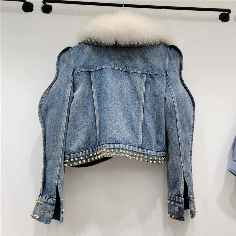 Artificial fur winter denim jacket for women thick cotton lining dress Korean version color crystal short Parka jacket 241210