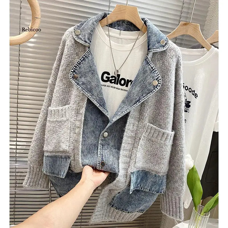 Womens autumn and winter spliced denim jacket womens long sleeved loose sweater cardigan item 241211