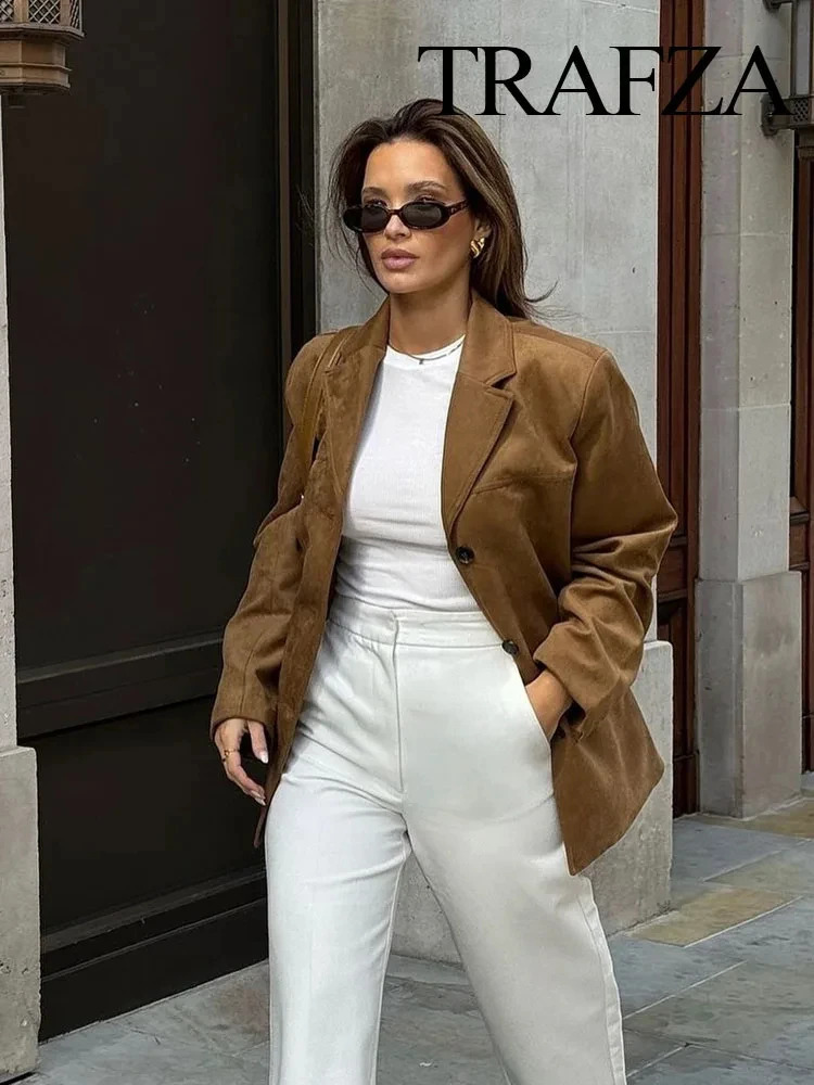 TRAFZA Womens Winter Fashion Solid Color Blazer Lapel Pocket Decorated Casual Top Loose Short Coat Street Jacket 241209