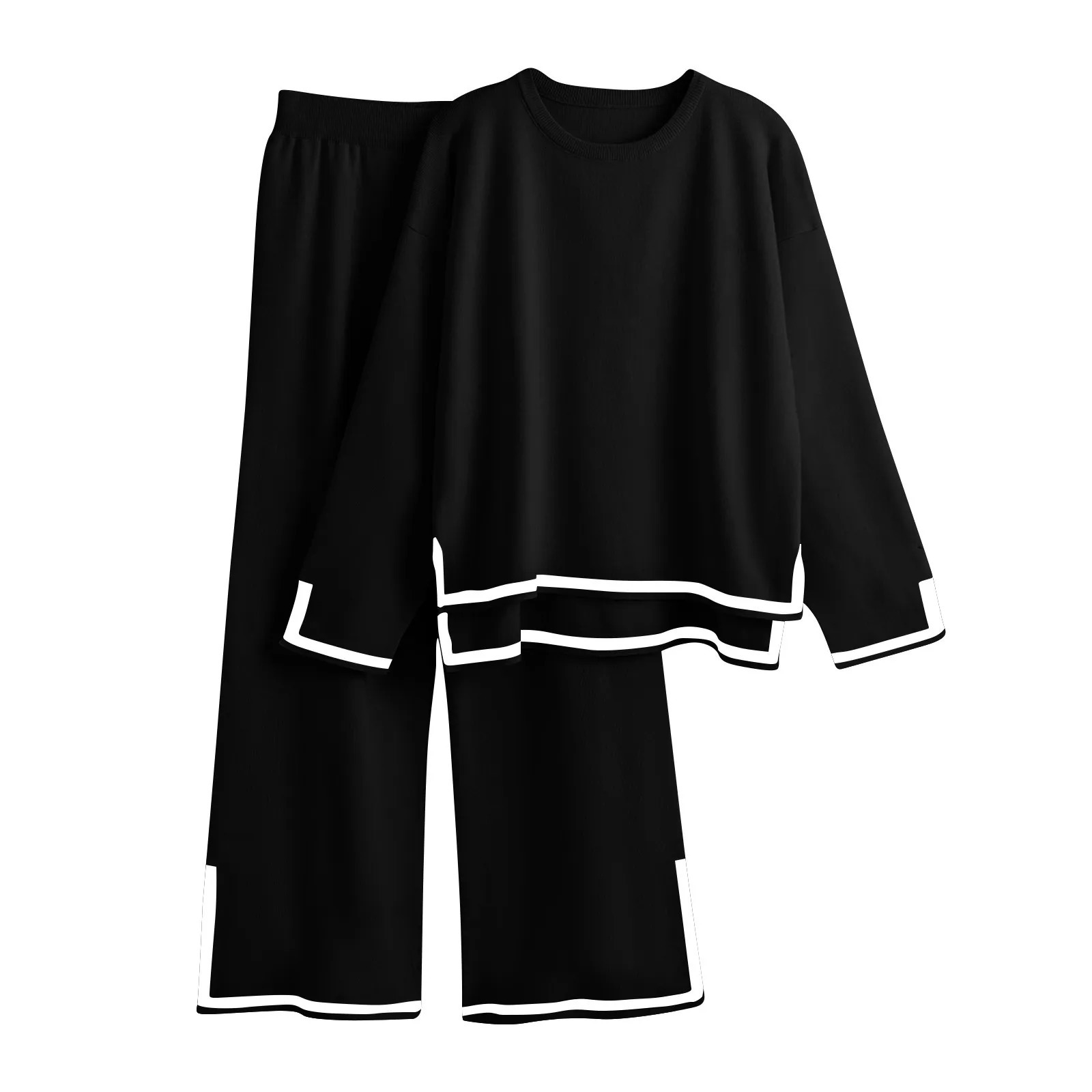 Knitted Womens Trousers Suit Two Piece Set Solid Color Winter Loose Long Sleeve Knitwear Flare Pants Sets Female Casual Suits 241209