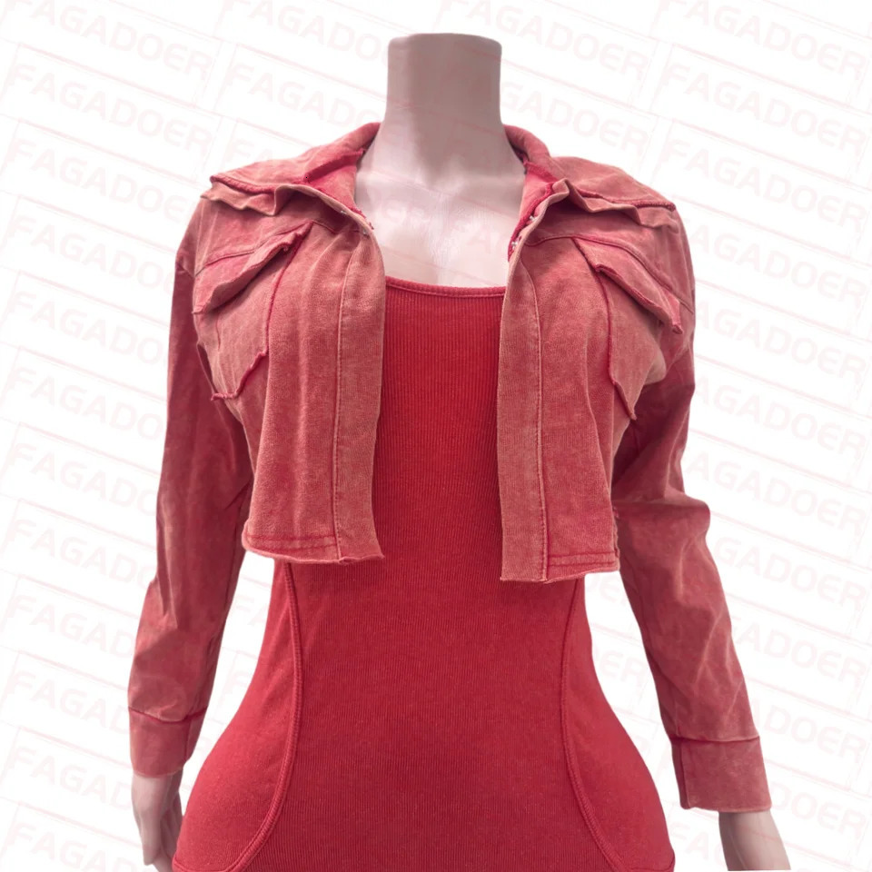 FAGADOER High Quality Rib Women 2 Piece Set Outfit Fashion Long Sleeve Crop Jacket Bodycon Jumpsuits Suits Clothing 2025 241209