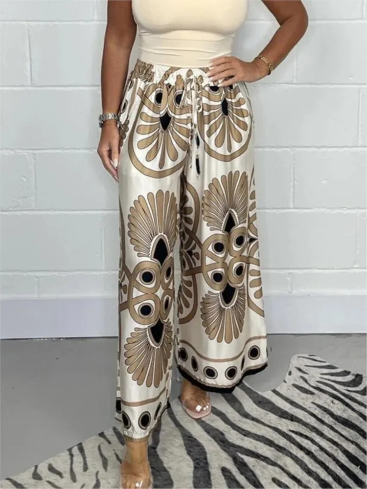 Bohemian womens long pants with elastic waist adjustable tie wide legs 2024 spring casual mens satin retro floral print 241212
