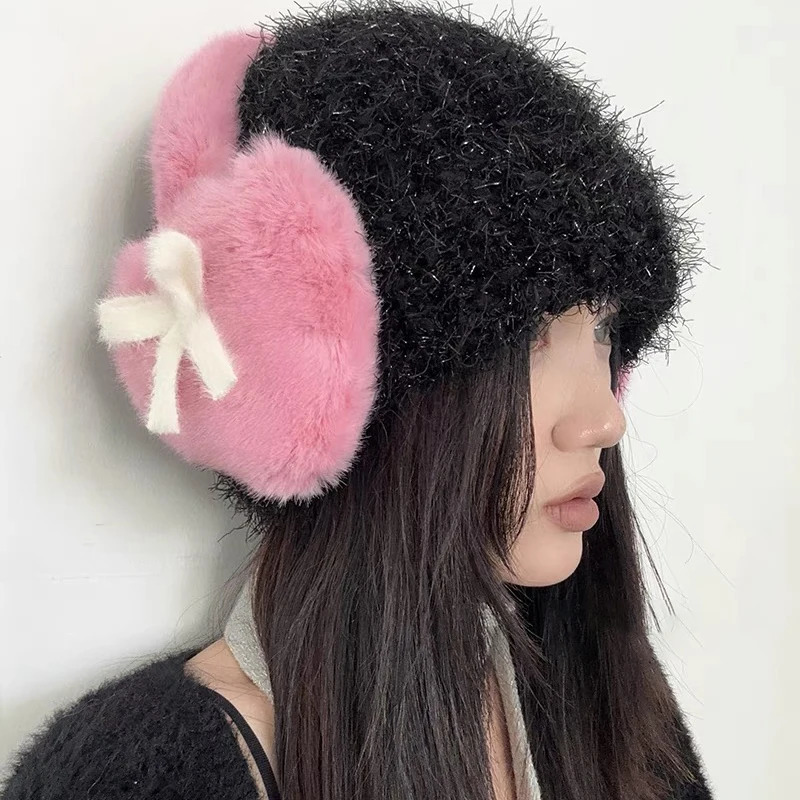 Female Bow Knot Earrings Kawaii Heart shaped Fluffy Eartips Cold Protection Female Eartips Thick Plush Japanese JK Girls Eartips 241211