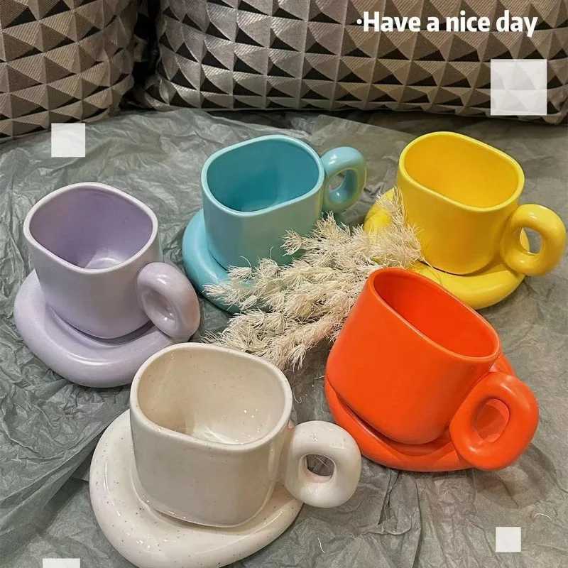 Creative Solid Color Ceramic Coffee Cup Thick Saucer Afternoon Tea Dessert Tea Cup Breakfast Bread Milk g Couple Gift g He Y241214