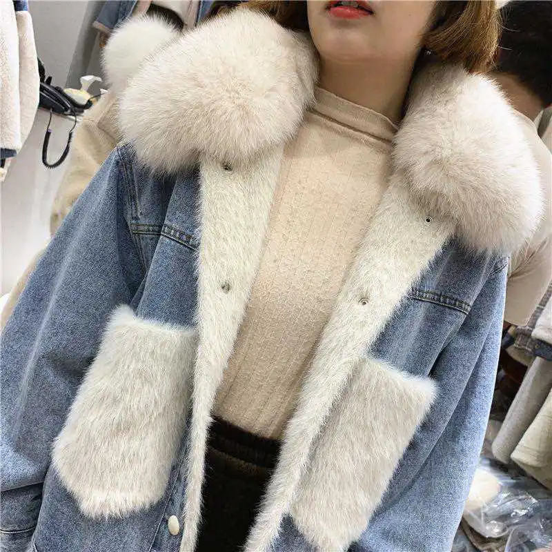 Winter Denim Jacket Womens Cotton Coat Artificial Fur Collar Loose Plus Cashmere Wool Warm Coat Womens Jacket Trend 241210