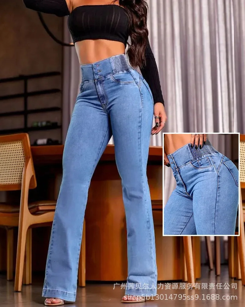Womens jeans retro elastic high waist flash pants solid pocket button splicing Trouser ultrathin suitable for casual office ladies 241212