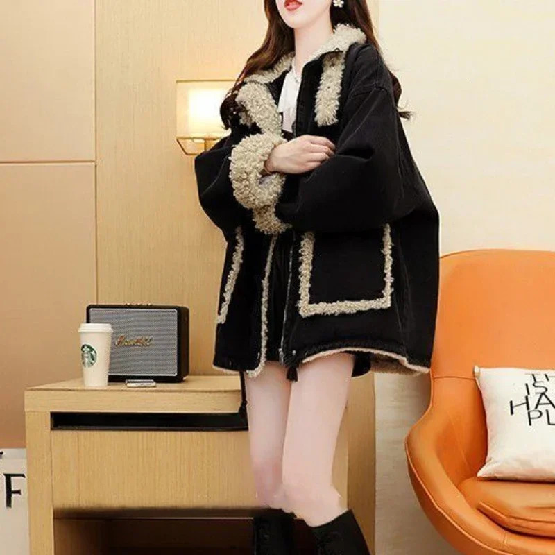Warm fur plush patch work pad womens jeans jacket wool lining black jacket blue womens denim jacket long ditch trade 241210