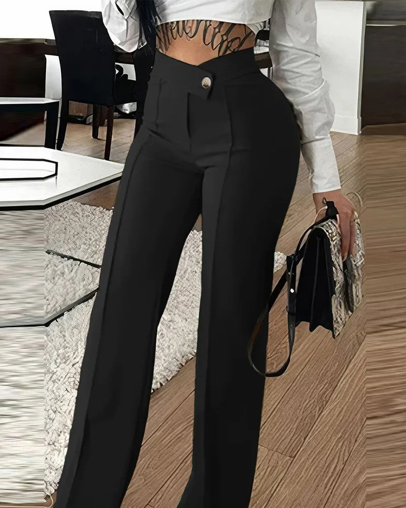 Womens pants wide leg zipper fly slim fit flat office womens pockets high waist autumn 2023 ankle length solid color 241212