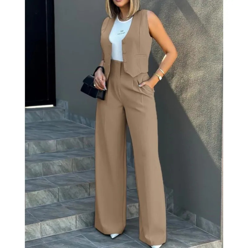 Casual Suits Womens Commute Tracksuit Button Vest Wide Leg Pants Suit Solid Tracksuit Elegant Ladies Loose Pants 2 Pieces Set 241214