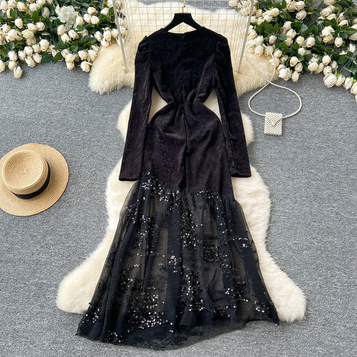 Basic Casual Dresses New French Chic Bodycon Dress Women Long Sleeve Party Dresses Sequins O Neck Mesh Patchwork Evening Vestidos with Zipper Dropship