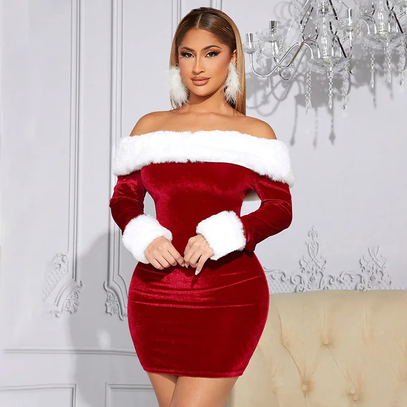 Christmas Party Dress Santa Claus Uniform Role Playing Red Velvet Set Ultra Thin Body Long Sleeve Mini 241212