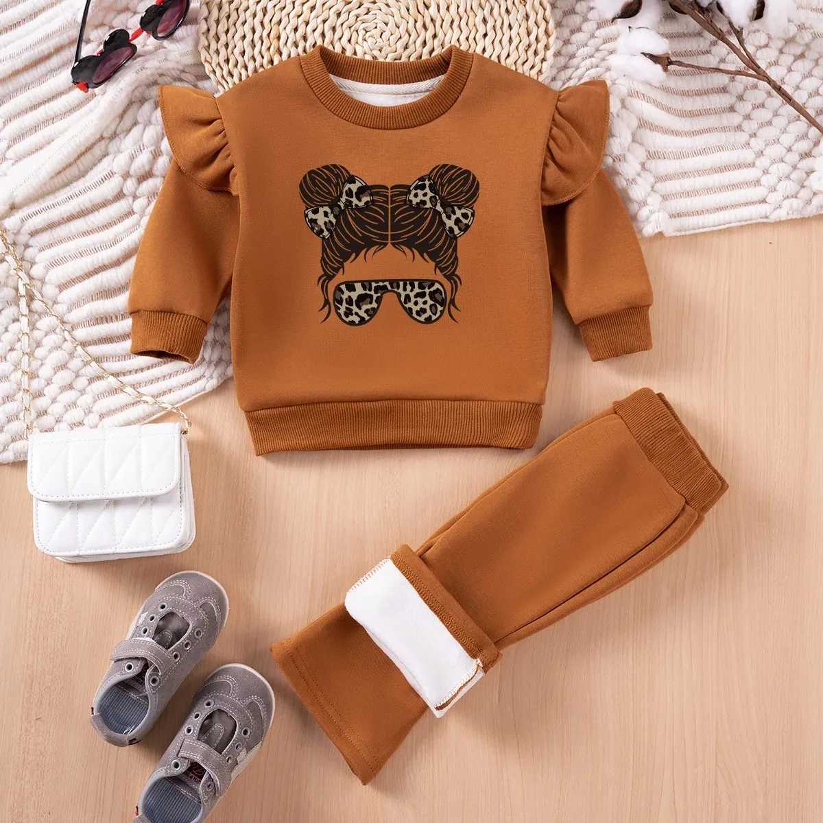 Clothing Sets 2pcs New Autumn Toddler Girls Suits Fleece Print Little Flying Sleeve Tops Casual Pants Clothes Sets Cute Fashion Set H241214