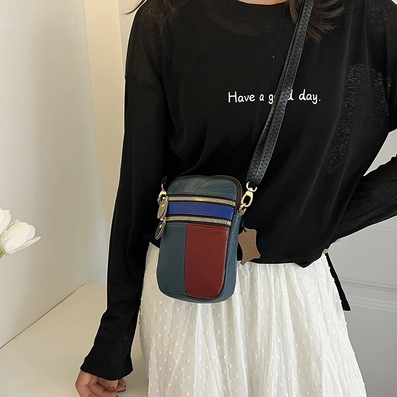 100% genuine leather womens shoulder bag with multiple zippers soft denim small phone bag color splicing color random 241213