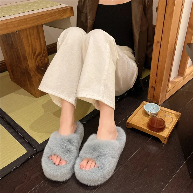 Chunky Platform Fur Slippers Women Autumn Thick Bottom Furry Outdoor Woman Short Plush ner Shoes 241214