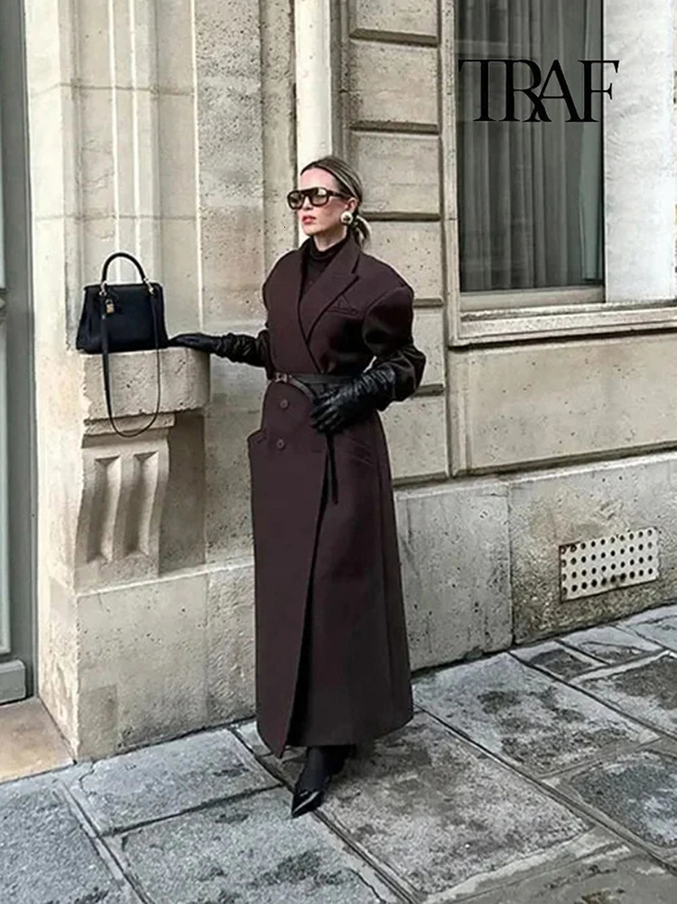 TRAF Women Fashion Double Breasted Lapel Wool Coat Elegant Long Sleeve Casual Pocket Autumn and Winter Warm Street 241210