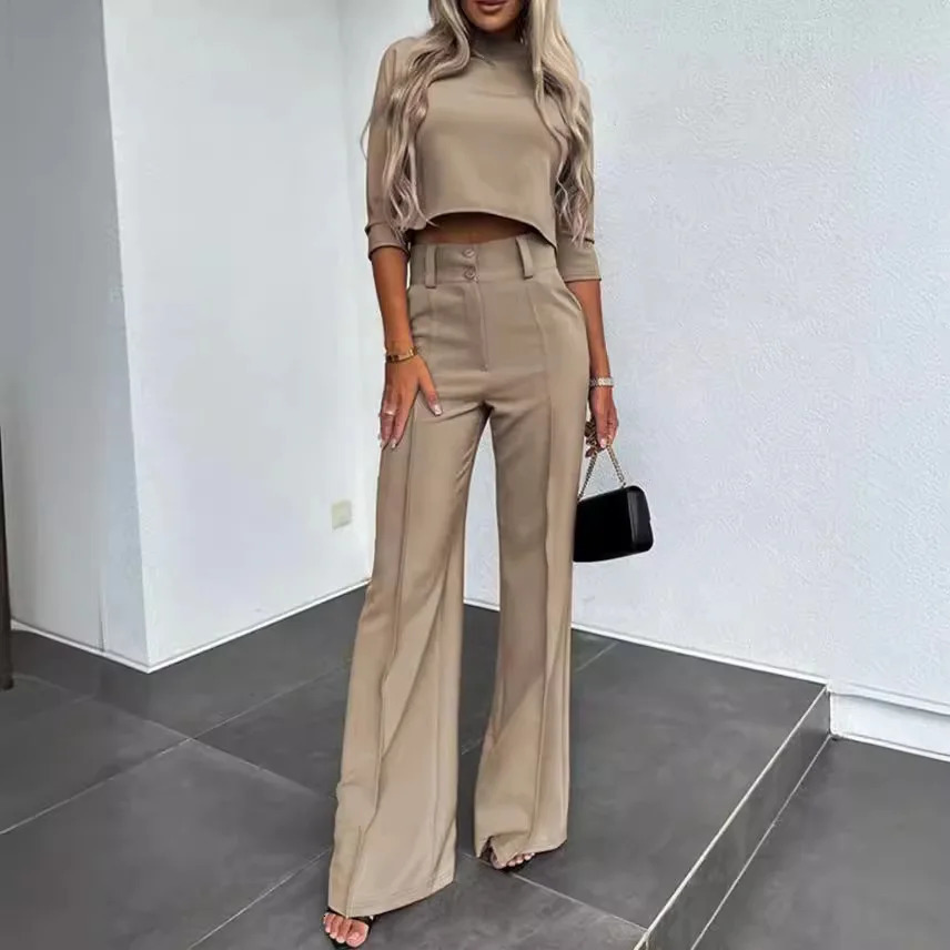 Summer Autumn Elegant Womens Temperament Top Round Neck Seven Quarter Sleeve Head Solid Color Top Wide Leg Pants Two-piece Set 241214