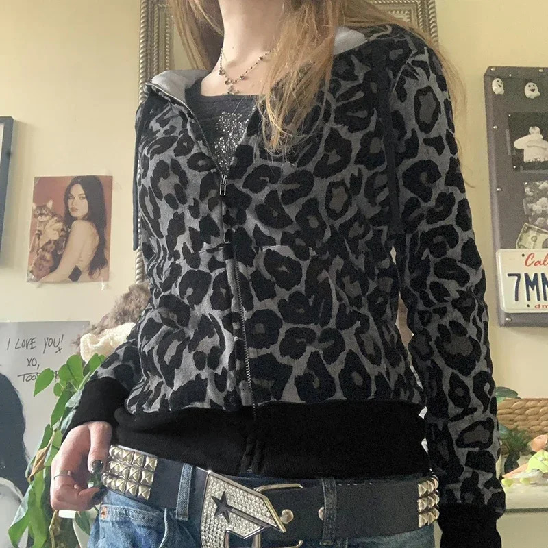 Y2K Leopard Print Velvet Hoodie Grunge Loose Zipper Hoodie Comparison Stickers Work Cardigan Retro Warm Coat 241214
