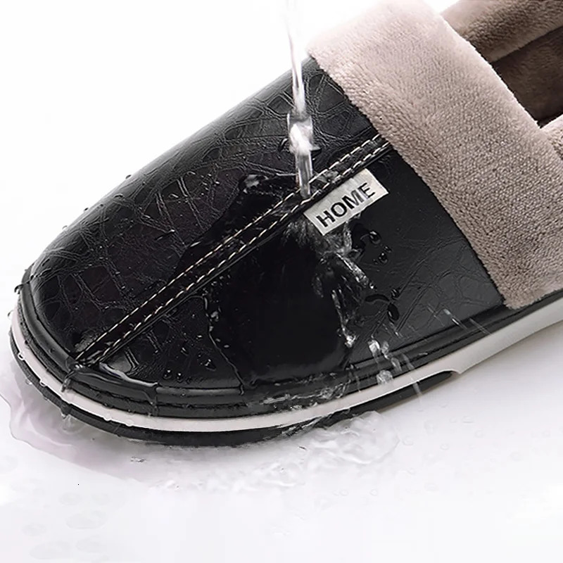 Mens Home Winter Slippers Warm Shoes Thick Bottom Plush Waterproof PU Leather Couples Cotton Flat Couple 241214