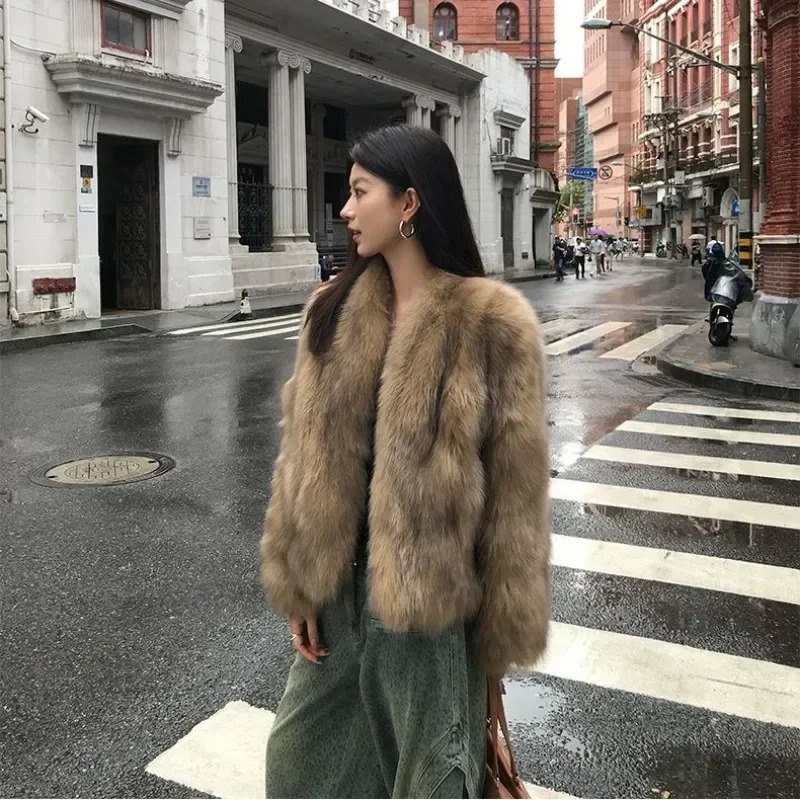 Winter Coat Korean Fashion High End Fox Fur for Women Clothes Vneck Warm Brown Short Jackets Tops 241211