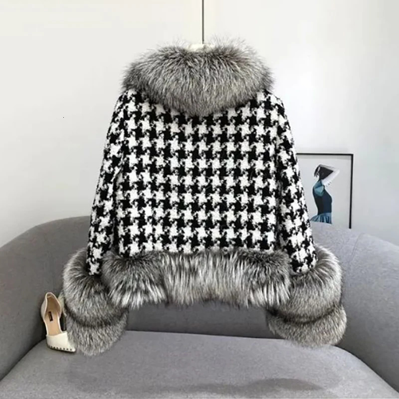 Womens fur coat for autumn and winter ious and warm short style with a checkered fur collar and faux fur jacket fashionable and adjustable waist jacke