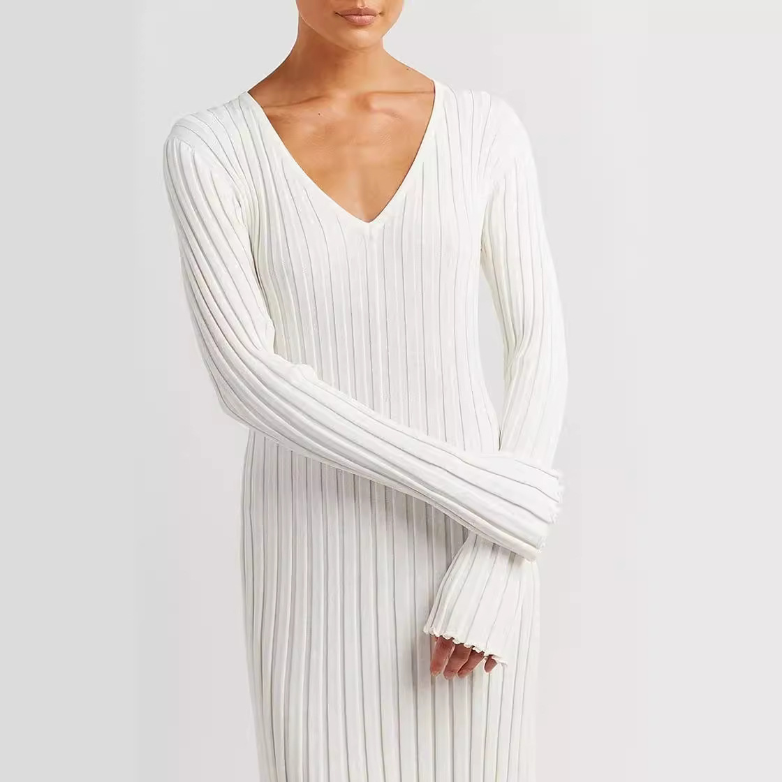 L240 Spring and summer new knitted dress casual waist V-neck ribbed slim knitted long skirt for women