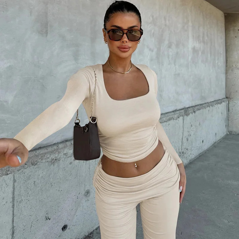 Autumn Women 2 Piece Sets Classic Basic Full Sleeve Uneck Crop Tees High Waist And Slim Pants Female Matching Suits 241209