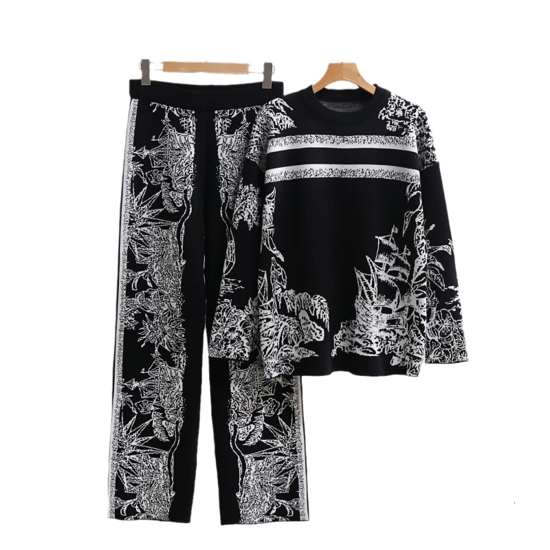 Vintage Elegant Loungewear 2Pcs Pants Set Ink Ral Knit Sweater Matching Casual Knitted Two Piece Sets Women