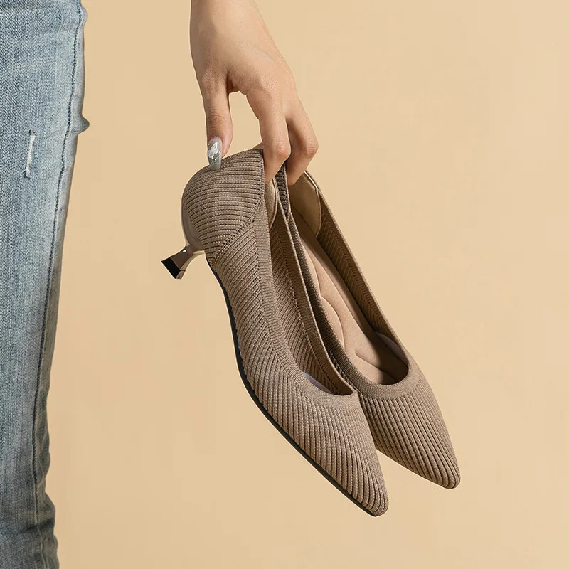 Womens large shoes high heels solid color knitted breathable rubber non slip sole spring and automatic latex sole 241213